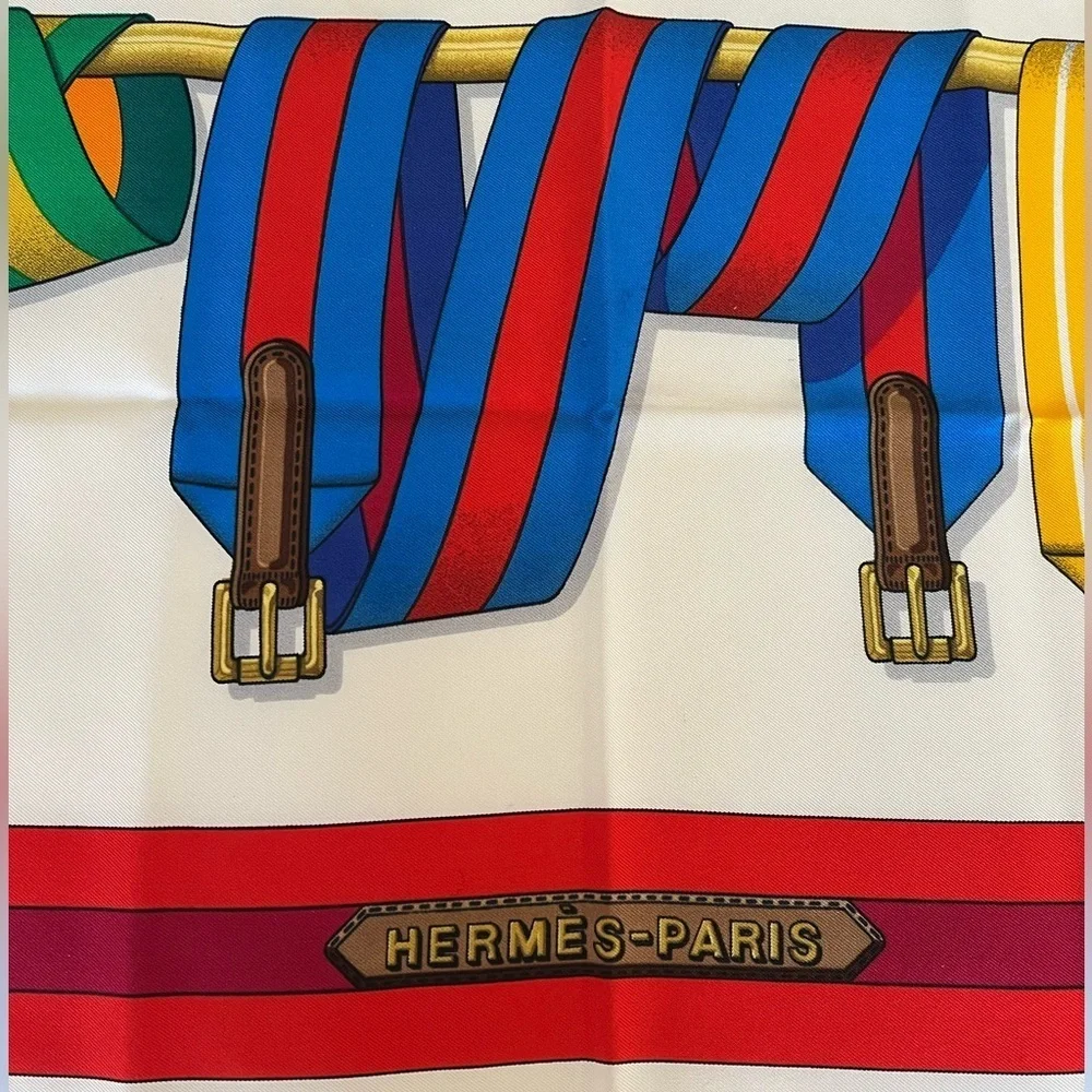 HERMES Silk Scarf Les Sangles 90cm design Jacques Eudel EUC 1980s